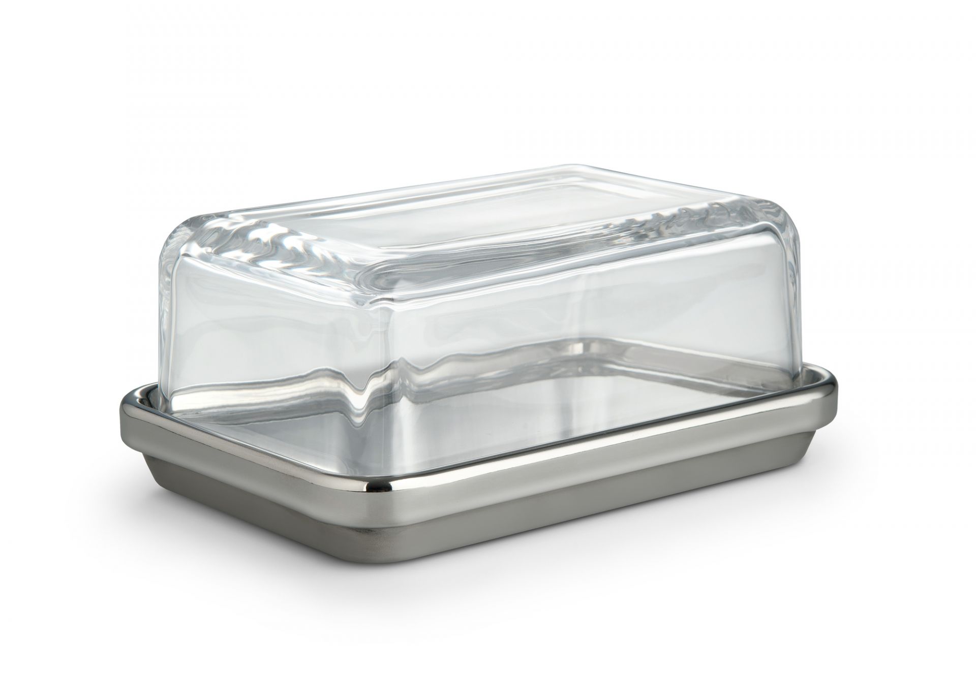 Alessi Butterdose mit Glasdeckel und Edelstahl-Behälter für die stilvolle Aufbewahrung von Butter.